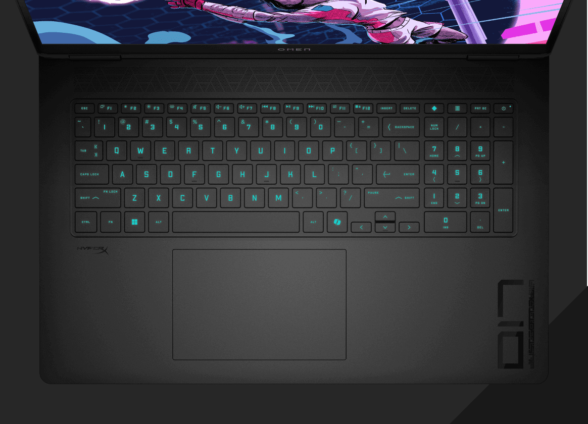 TOP-DOWN ASPECT OF THE OMEN 17 AMD GAMING LAPTOP WITH RGB KEYBOARD 