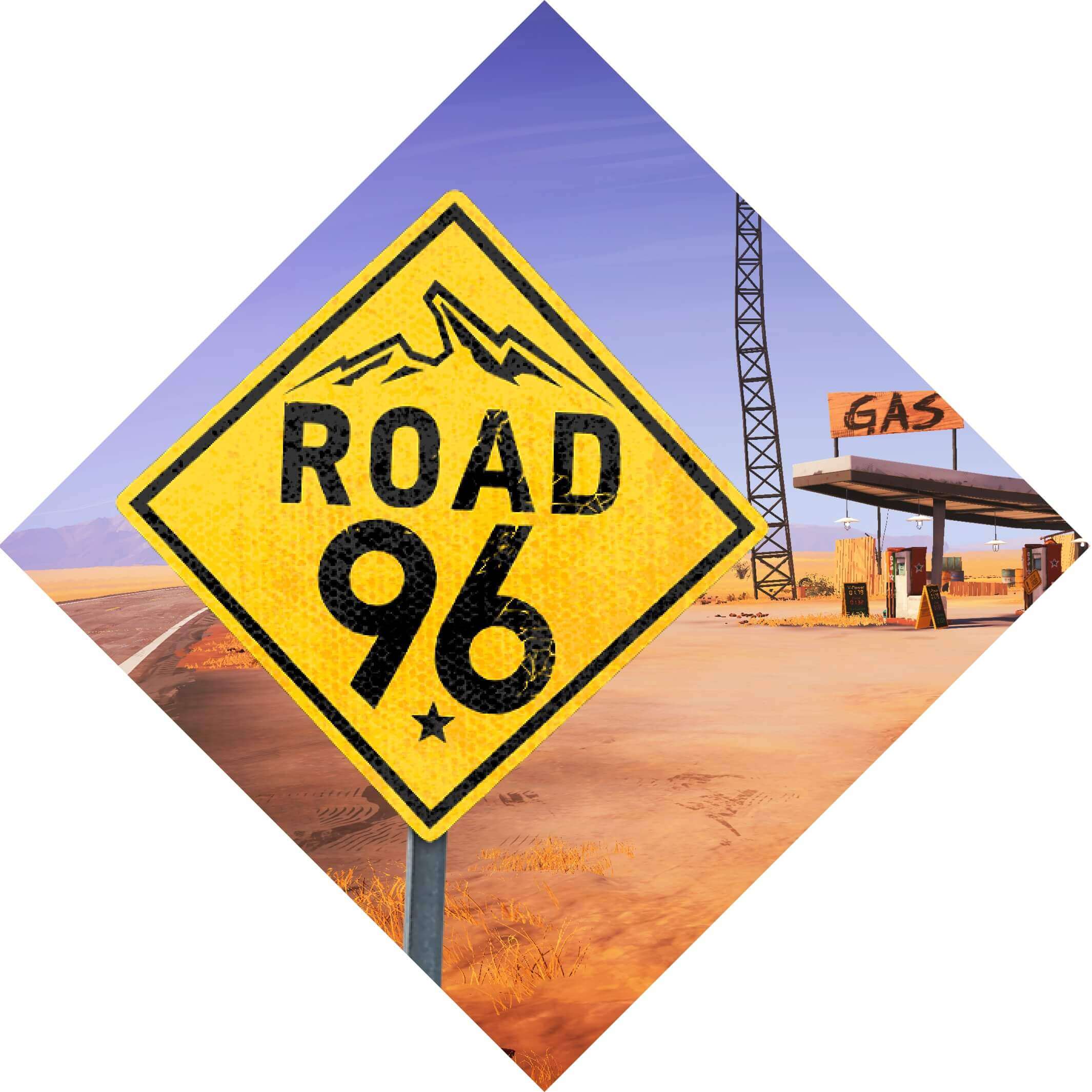 Landskapsbild från Road 96 med Road 96-logotyp